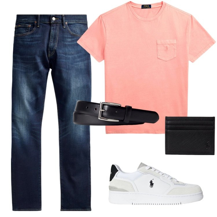 Outfit uomo - Total look #2194439. Stile Trendy per Ufficio. Abbinamento con jeans, cinture, sneakers, portafogli, t-shirt.