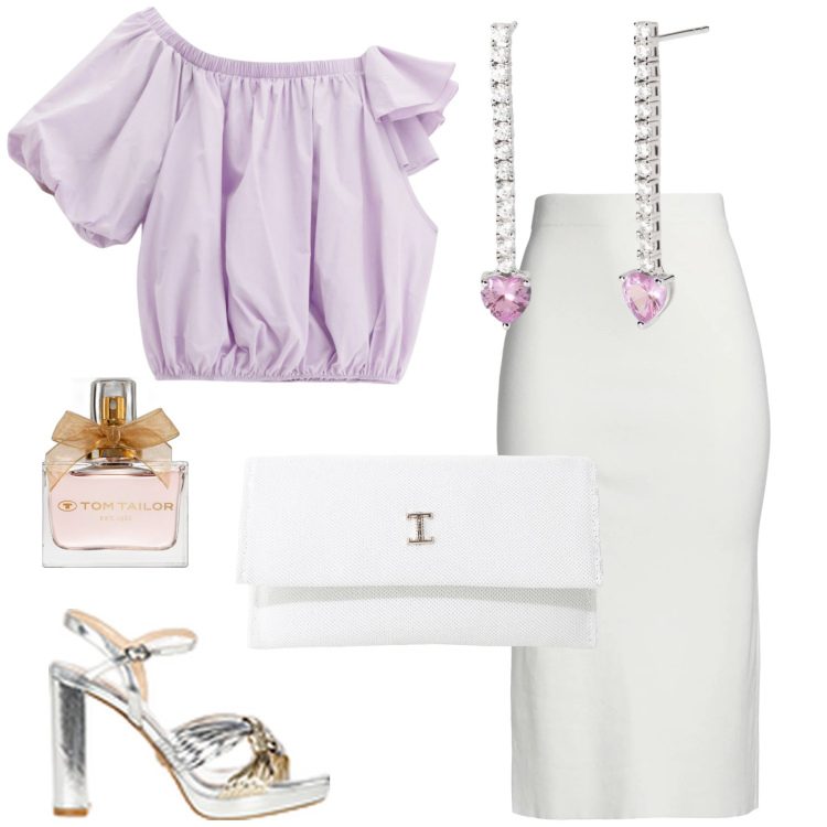 Outfit donna - Estiva eleganza. Stile Chic per Serata fuori. Abbinamento con gonne longuette, profumi, orecchini, sandali in pelle, top, borse a tracolla.