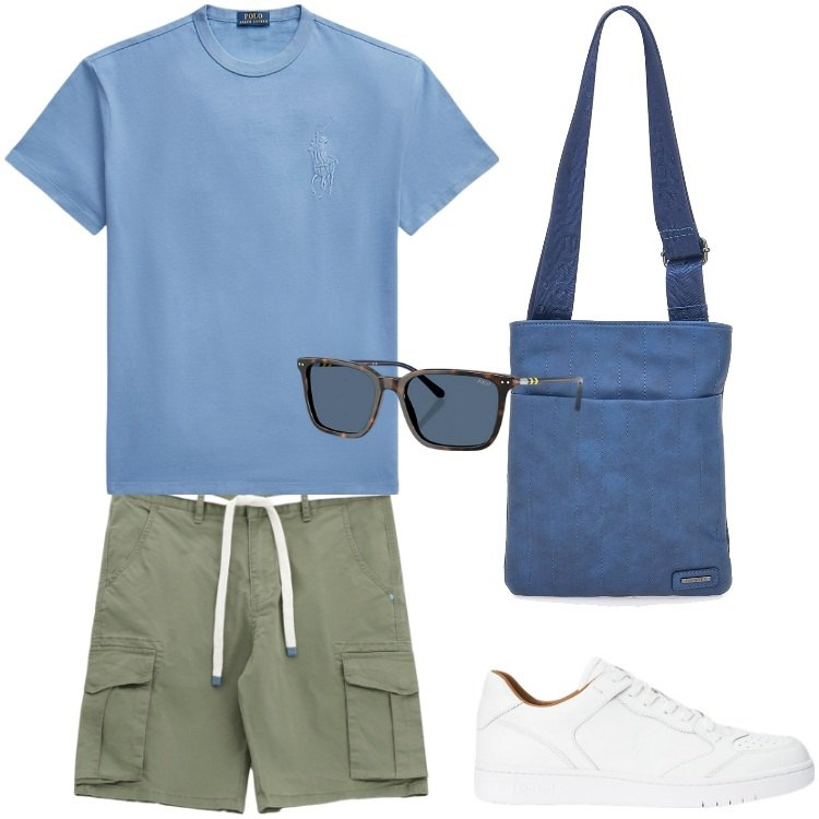 Outfit uomo - Total look #2194441. Stile Trendy per Tutti i giorni. Abbinamento con bermuda, occhiali da sole, t-shirt, sneakers, portafogli.