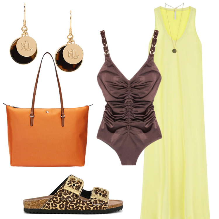 Outfit donna - Summer Sales. Stile Casual chic per Mare. Abbinamento con vestiti lunghi, borse tote, orecchini, sandali in pelle, costumi interi.