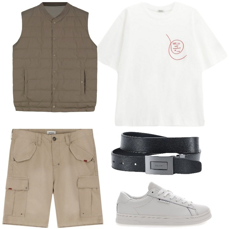 Outfit uomo - Total look #2194443. Stile Trendy per Tutti i giorni. Abbinamento con cinture, bermuda, t-shirt, sneakers, gilet.
