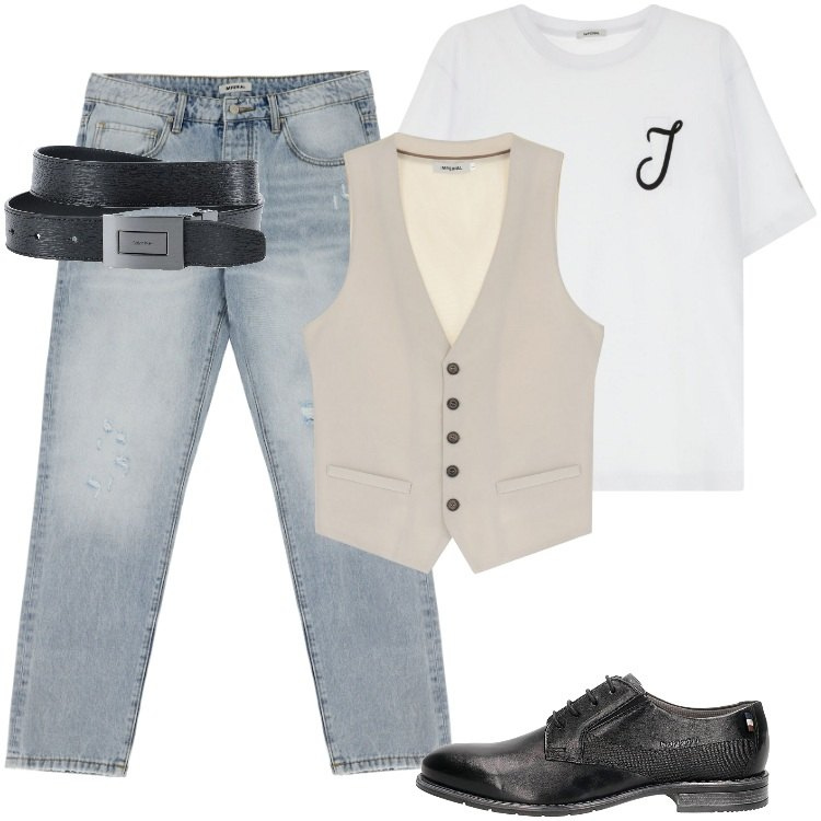 Outfit uomo - Total look #2194446. Stile Trendy per Serata speciale. Abbinamento con cinture, jeans strappati, t-shirt, gilet, scarpe stringate.