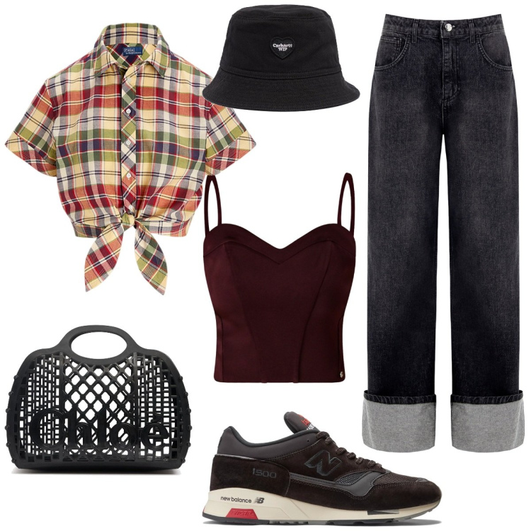 Outfit donna - Vacanze estive. Stile Sporty chic per Tutti i giorni. Abbinamento con sneakers, jeans, top, camicie, cappelli, borse a mano.