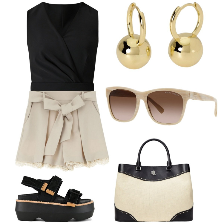 Outfit donna - Sandali iconici. Stile Casual chic per Tutti i giorni. Abbinamento con orecchini, top, shorts, occhiali da sole, borse a mano, sandali col tacco.