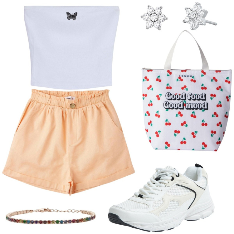 Outfit donna - Relax. Stile Glamour per Tutti i giorni. Abbinamento con pantaloni corti, top, borse tote, sneakers, orecchini, braccialetti.