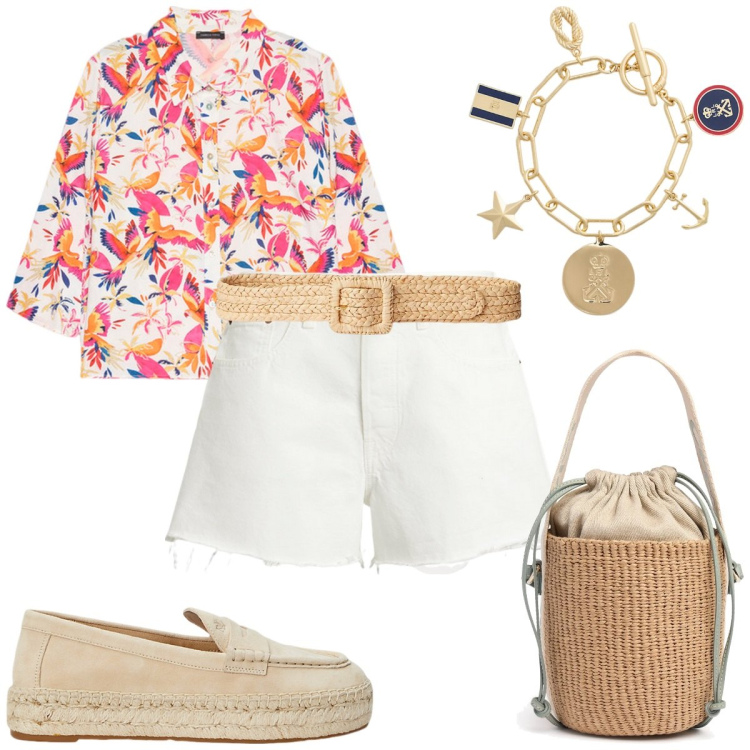 Outfit donna - Wow. Stile Casual chic per Tutti i giorni. Abbinamento con braccialetti con ciondoli, espadrillas, cinture, shorts, camicie, borse a secchiello.