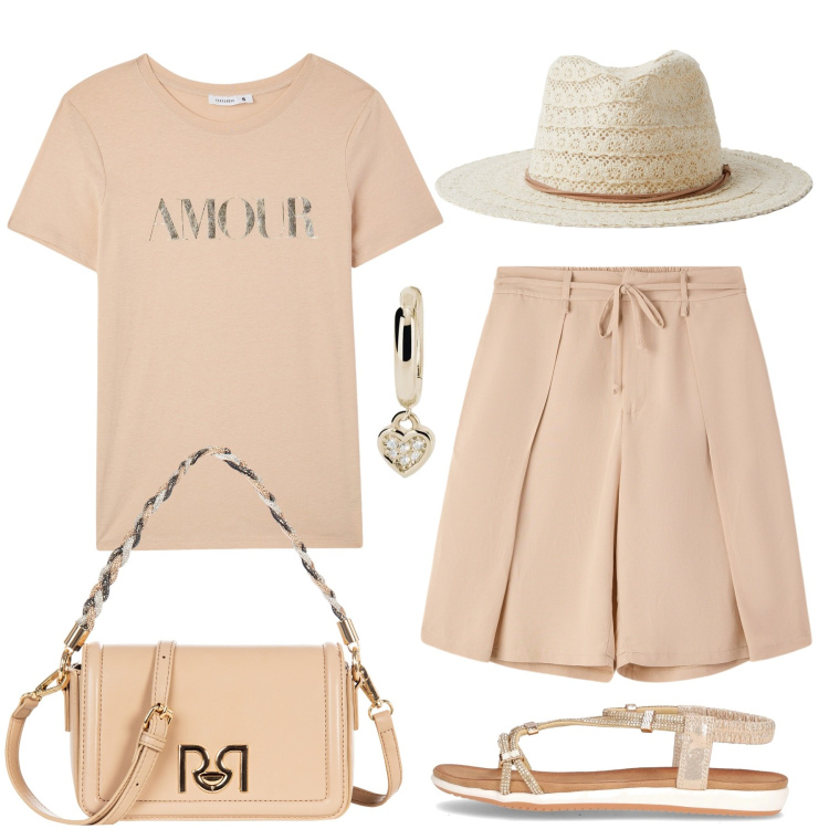 Outfit donna - Toni soft. Stile Basic per Tutti i giorni. Abbinamento con pantaloni corti, cappelli, t-shirt, orecchini, borse a tracolla, sandali in pelle.