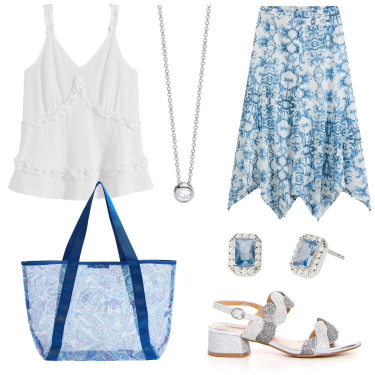 Outfit donna - Bianco e celeste. Stile Trendy per Tutti i giorni. Abbinamento con gonne, top, shopping bag, collane, orecchini, sandali col tacco.