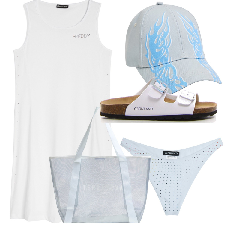 Outfit donna - White sand. Stile Trendy per Mare. Abbinamento con shopping bag, cappelli, bikini, vestiti senza maniche, ciabatte.