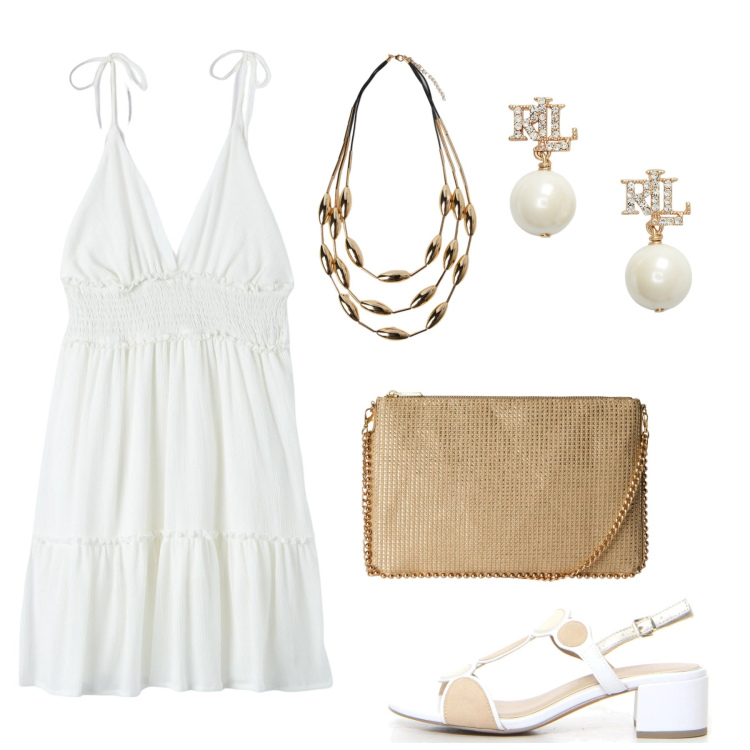Outfit donna - Bianco estivo. Stile Chic per Tutti i giorni. Abbinamento con borse a tracolla, vestiti, orecchini, sandali col tacco, collane.