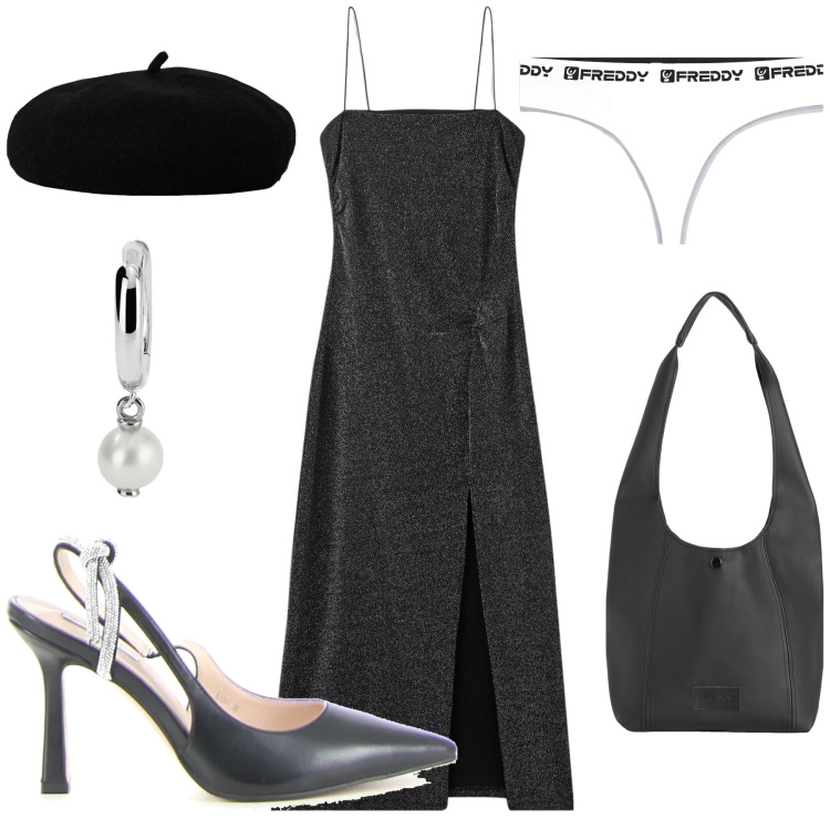 Outfit donna - Serata un po’ francese. Stile Chic per Serata fuori. Abbinamento con vestiti lunghi, orecchini, perizomi, borse a spalla, décolleté, cappelli e berretti.