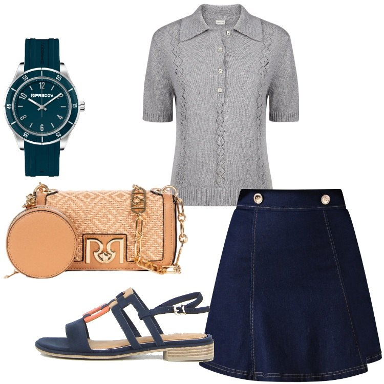 Outfit donna - Bantoa Summer Sales. Stile Casual chic per Ufficio. Abbinamento con minigonne, borse a tracolla, orologi, sandali, polo.