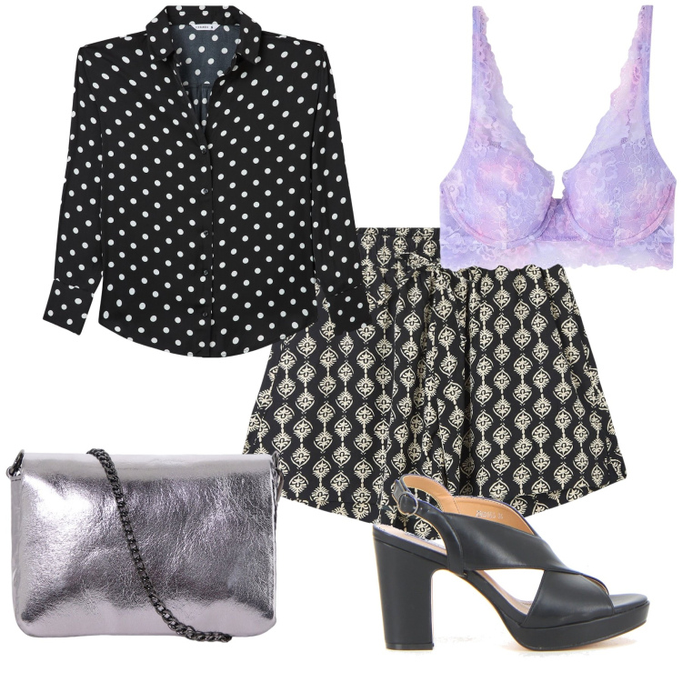Outfit donna - Il particolare lilla. Stile Urban per Ufficio. Abbinamento con shorts, reggiseni, camicie, pochette, sandali col tacco.