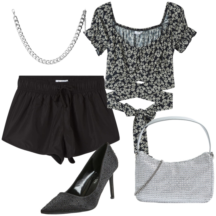 Outfit donna - Terranova aperitivo. Stile Sexy per Serata fuori. Abbinamento con bluse, pantaloni corti, collane, décolleté, borse a tracolla.