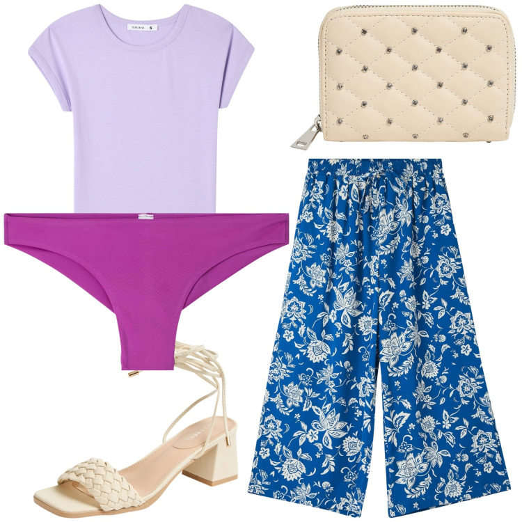 Outfit donna - Passeggiata in Terranova. Stile Basic per Tutti i giorni. Abbinamento con culotte, pantaloni a palazzo, t-shirt, sandali alla schiava, portafogli.