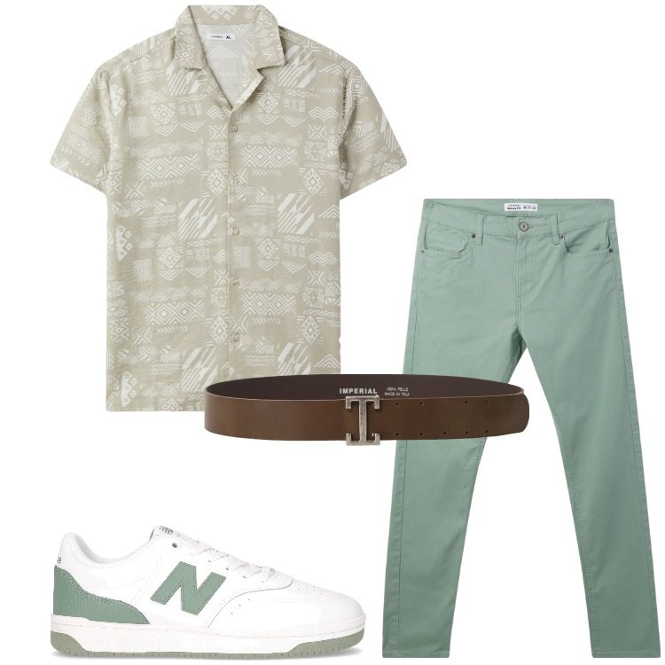 Outfit uomo - Camicia a maniche corte con stampa. Stile Casual per Tutti i giorni. Abbinamento con camicie a manica corta, pantaloni skinny, cinture, sneakers.