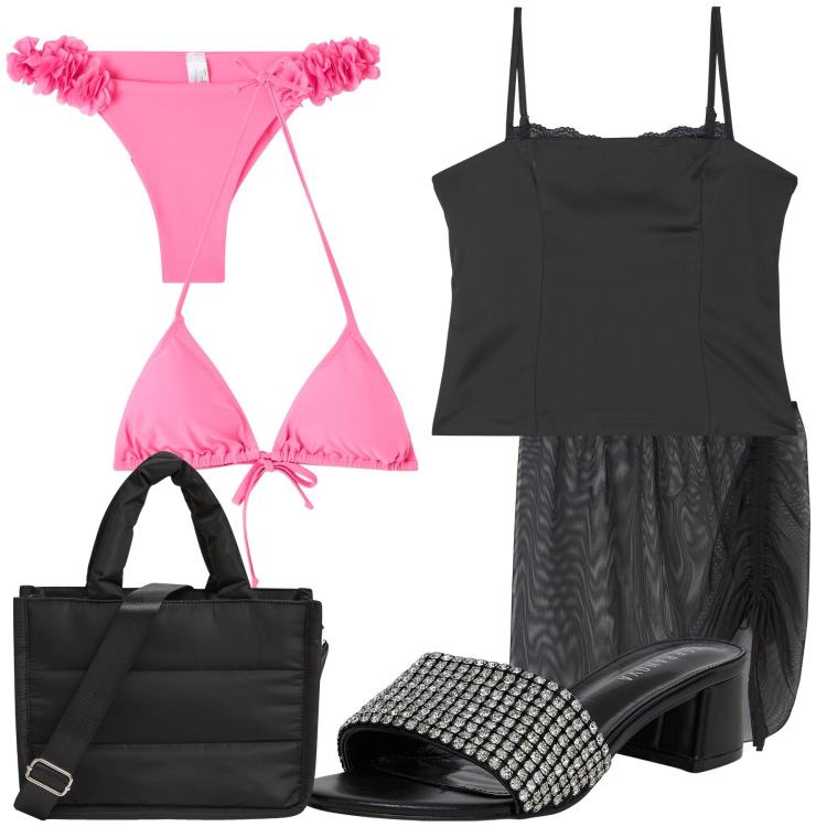 Outfit donna - Terranova on the beach. Stile Glamour per Mare. Abbinamento con top, bikini, vestiti da spiaggia, ciabatte, shopping bag, bikini.