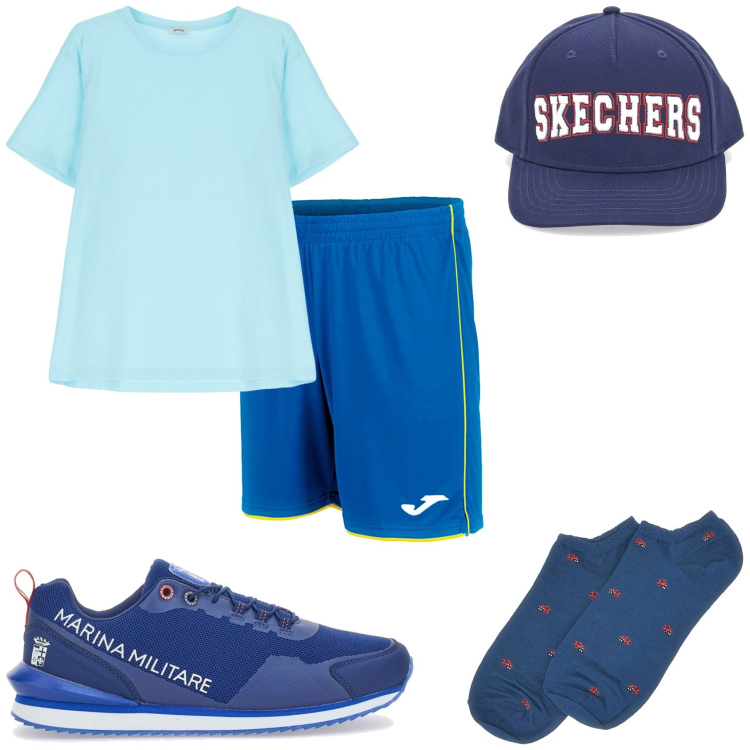 Outfit uomo - Al parco. Stile Casual per Sport. Abbinamento con t-shirt, cappelli, sneakers, pantaloni corti, calzini.