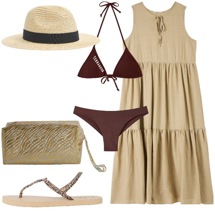 Outfit donna - Terranova - Summer Sale 2025. Stile Trendy per Mare. Abbinamento con bikini, cappelli, vestiti senza maniche, bikini, pochette, ciabatte.