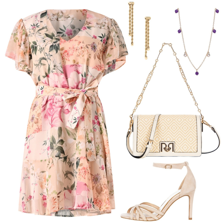 Outfit donna - Un prato fiorito. Stile Romantica per Cerimonia. Abbinamento con collane, vestiti corti, sandali col tacco, borse a tracolla, orecchini.