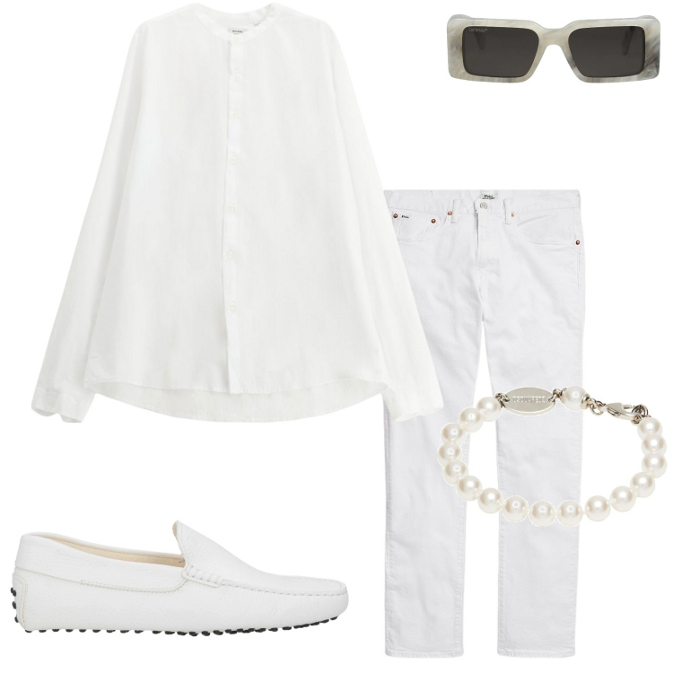 Outfit uomo - Look Total White. Stile Trendy per Serata speciale. Abbinamento con braccialetti, occhiali da sole, scarpe stringate, camicie, jeans.