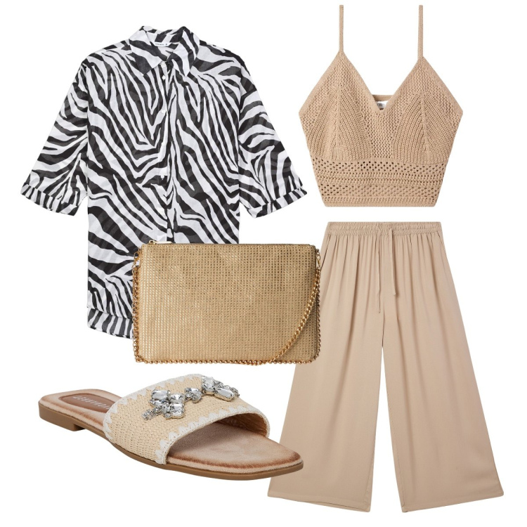 Outfit donna - La camicia zebrata. Stile Casual chic per Tutti i giorni. Abbinamento con ciabatte, top, borse a tracolla, camicie, pantaloni a palazzo.