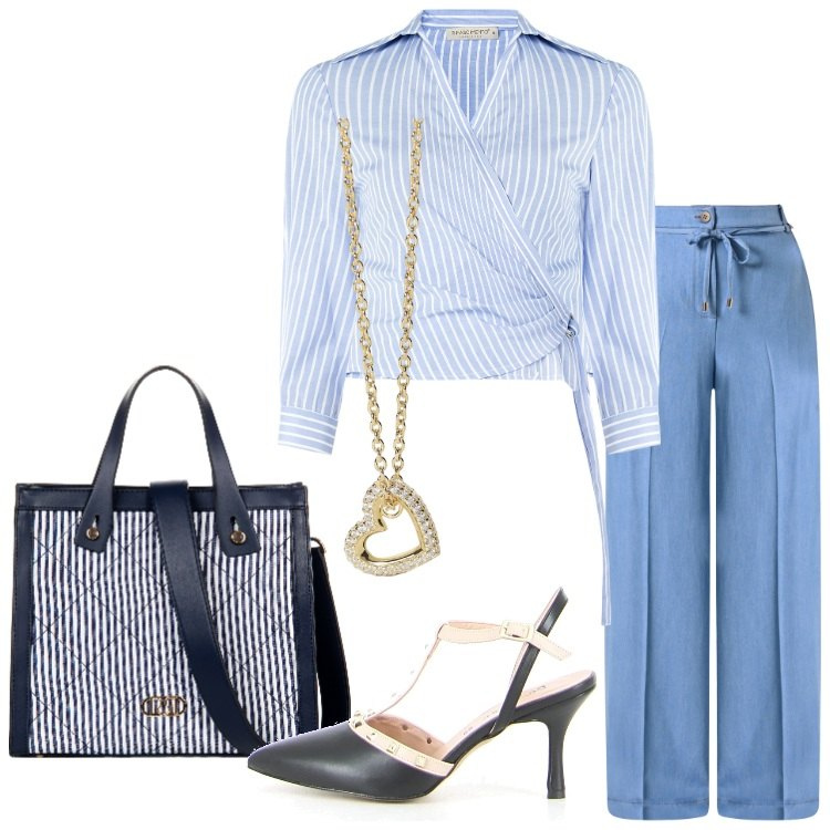 Outfit donna - Rinascimento - Saldi estivi. Stile Bon Ton per Ufficio. Abbinamento con camicie, shopping bag, pantaloni, collane, sandali in pelle.