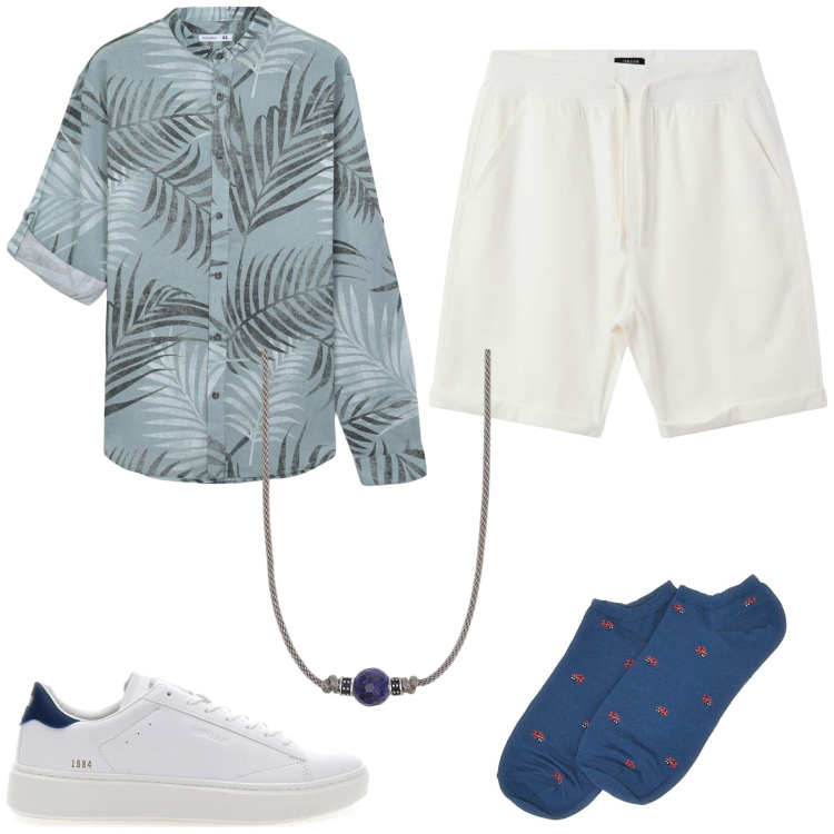 Outfit uomo - Camicia stampa tropicale. Stile Trendy per Tutti i giorni. Abbinamento con camicie, pantaloni corti, collane, sneakers, calzini.