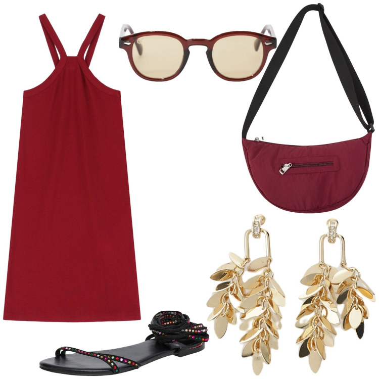 Outfit donna - Bantoa Summer sales. Stile Basic per Tutti i giorni. Abbinamento con sandali alla schiava, borse a tracolla, occhiali da sole, vestiti corti, orecchini.