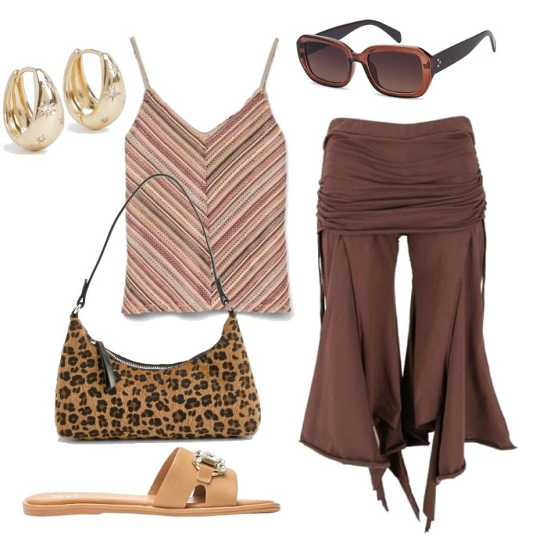 Outfit femme - Juillet 2025 Tendance. Style Tendance pour Tous les jours. Assortir avec pantalon large en bas, débardeurs à bretelles, lunettes de soleil, sacs à main, boucles d'oreilles, sandales.