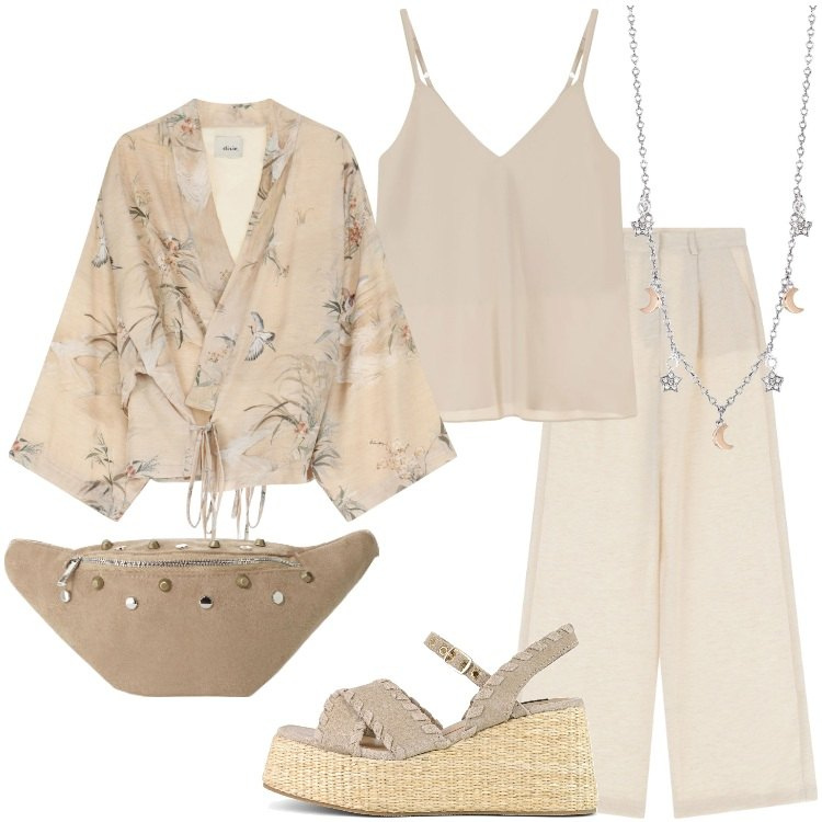 Outfit donna - Beige Chiaro nuova eleganza. Stile Boho per Serata fuori. Abbinamento con collane, marsupi, trench, top, pantaloni, zeppe.