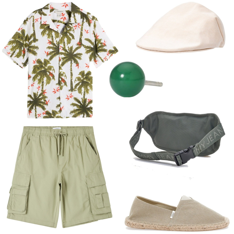 Outfit uomo - La camicia stampata. Stile Trendy per Tutti i giorni. Abbinamento con camicie a manica corta, pantaloni corti, orecchini, cappelli e berretti, borse sportive, espadrillas.