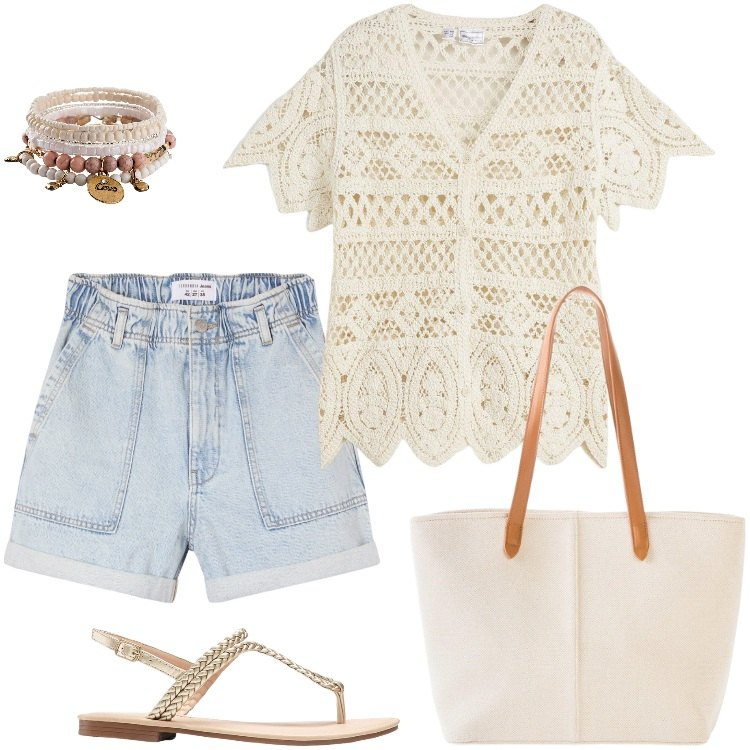 Outfit donna - Total look #2194596. Stile Boho per Mare. Abbinamento con braccialetti, ciabatte, cardigans, shopping bag, shorts.