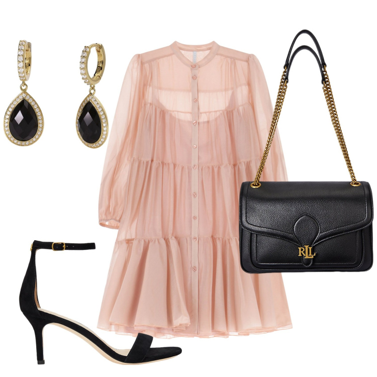 Outfit donna - Domenica sera in centro. Stile Casual chic per Serata fuori. Abbinamento con orecchini, vestiti corti, borse a spalla, sandali in pelle.