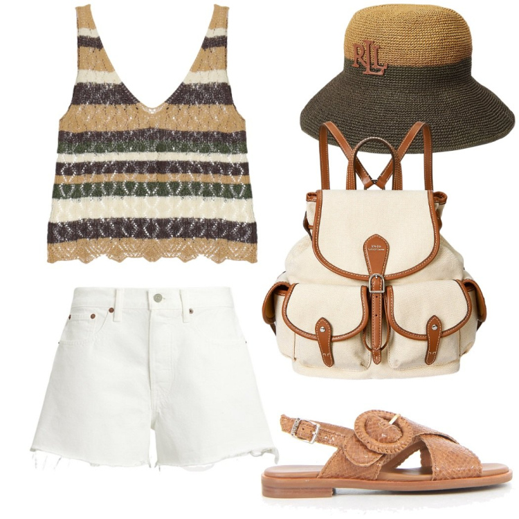 Outfit donna - Urban style estivo. Stile Casual chic per Tutti i giorni. Abbinamento con zaini, cappelli, shorts, top, sandali.