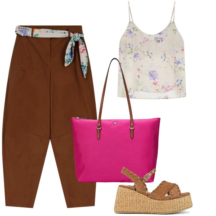 Outfit donna - Total look #2194616. Stile Boho per Ufficio. Abbinamento con pantaloni, canottiere, borse tote, zeppe.