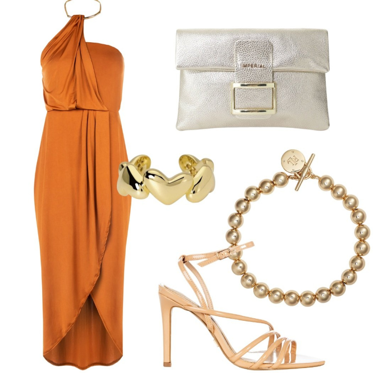 Outfit donna - Cerimonia elegante. Stile Glamour per Cerimonia. Abbinamento con pochette, anelli, vestiti, sandali col tacco, braccialetti.