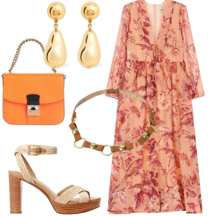 Outfit donna - Toni arancio per la serata romantica. Stile Romantica per Serata fuori. Abbinamento con borse a mano, vestiti lunghi, cinture, sandali, orecchini.