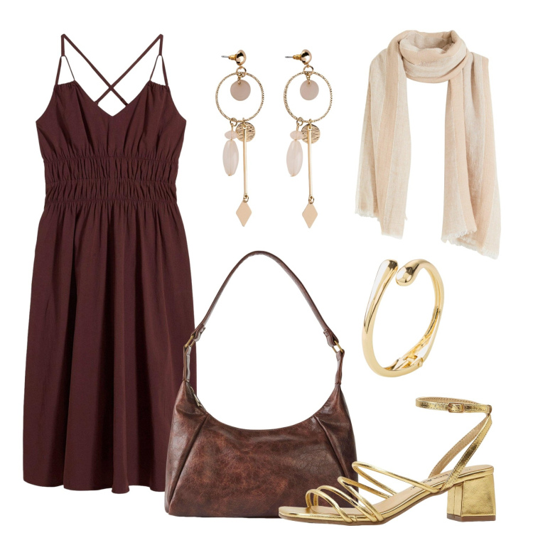 Outfit donna - Cioccolato chic. Stile Chic per Tutti i giorni. Abbinamento con vestiti, sandali col tacco, orecchini, borse a mano, braccialetti, sciarpe.