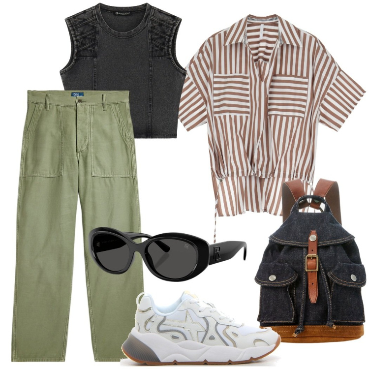 Outfit donna - Passeggiata in montagna. Stile Casual per Tutti i giorni. Abbinamento con camicie a manica corta, top, pantaloni, occhiali da sole, zaini, sneakers.