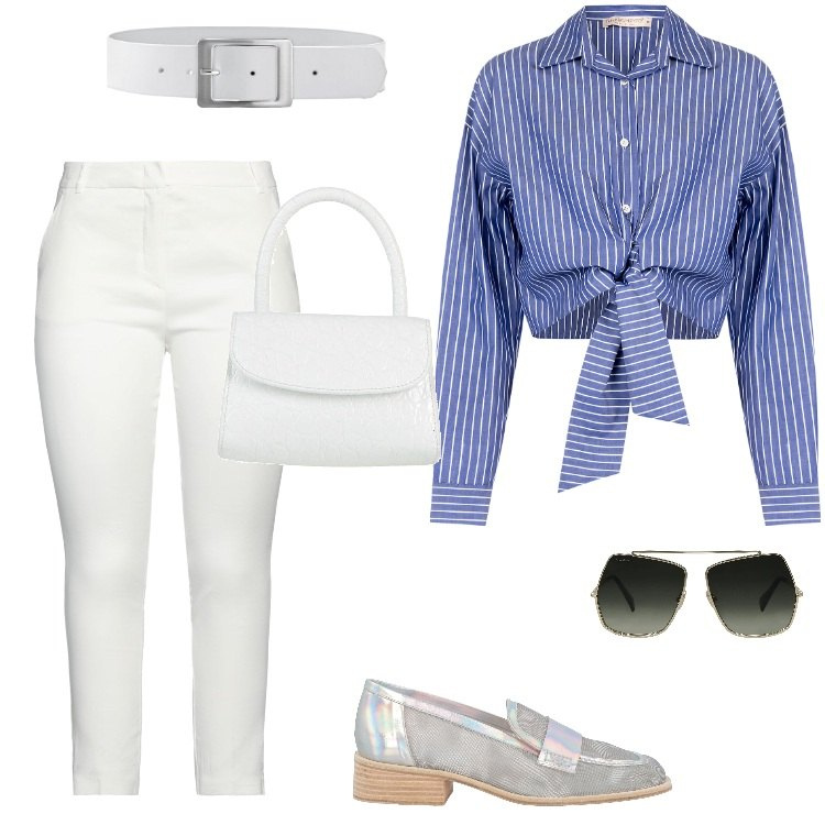 Outfit donna - Total look #2194652. Stile Vintage retrò per Ufficio. Abbinamento con cinture, pantaloni, mocassini, borse a mano, occhiali da sole, camicie.