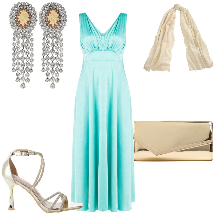 Outfit donna - Serata a teatro. Stile Glamour per Serata fuori. Abbinamento con sandali col tacco, vestiti lunghi, sciarpe, pochette, orecchini.