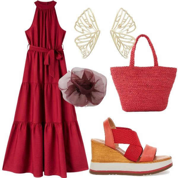 Outfit donna - Serata tra amici. Stile Casual chic per Serata fuori. Abbinamento con shopping bag, vestiti lunghi, orecchini, foulard, sandali.