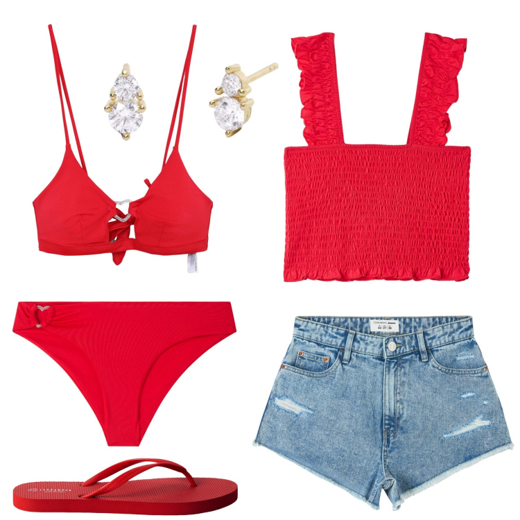 Outfit donna - Summer red. Stile Casual chic per Mare. Abbinamento con bikini, top, infradito, shorts, bikini, orecchini.