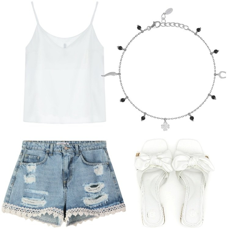Outfit donna - Total look #2194666. Stile Boho per Mare. Abbinamento con shorts, braccialetti con ciondoli, canottiere, ciabatte.
