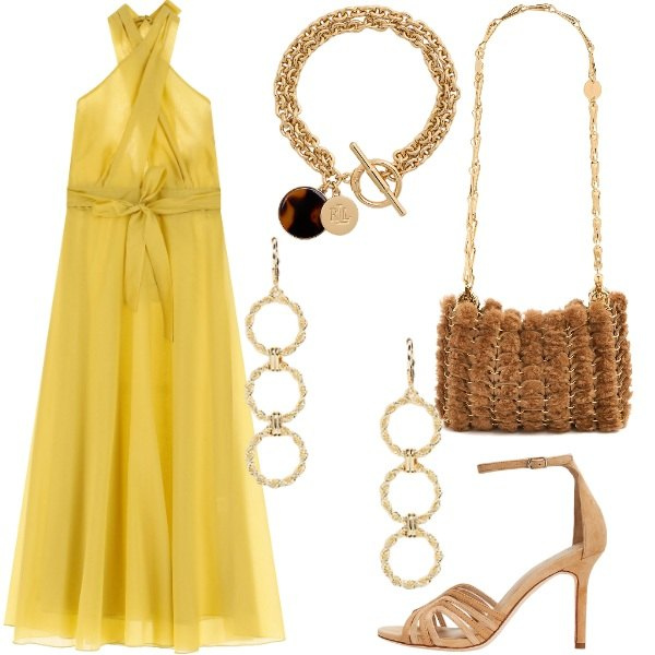 Outfit donna - Le cerimonie di Luglio. Stile Glamour per Cerimonia. Abbinamento con braccialetti con ciondoli, orecchini, sandali in pelle, vestiti lunghi, borse a spalla.