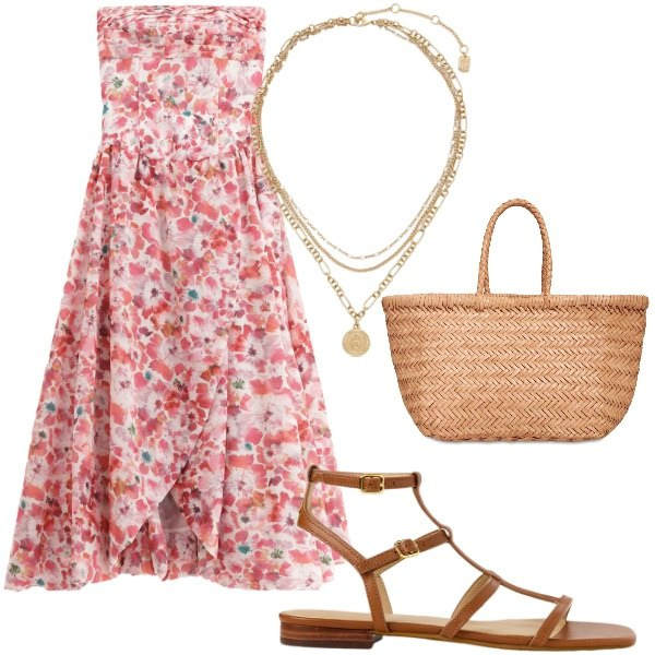 Outfit donna - Outifit di luglio. Stile Casual per Serata fuori. Abbinamento con vestiti lunghi, ciondoli, sandali, shopping bag.
