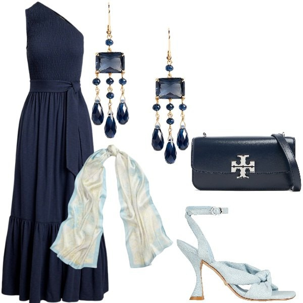Outfit donna - Le cerimonie di Luglio. Stile Glamour per Cerimonia. Abbinamento con sandali in pelle, vestiti asimmetrici, orecchini, foulard, borse a spalla.