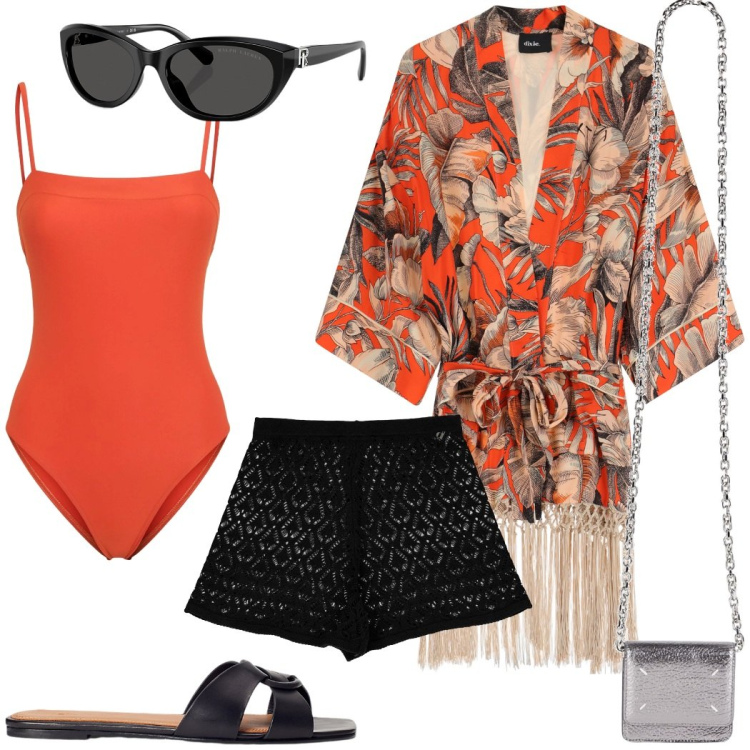Outfit donna - Diva. Stile Glamour per Mare. Abbinamento con portafogli, shorts, kimono, occhiali da sole, ciabatte, costumi interi.