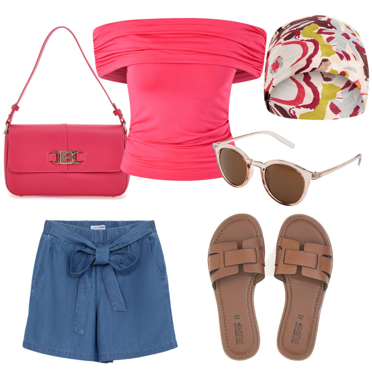 Outfit donna - Passeggiata estiva. Stile Boho per Mare. Abbinamento con occhiali da sole, shorts, sciarpe, top, borse a spalla, ciabatte.